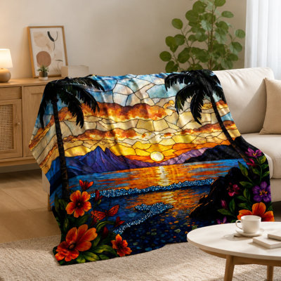 Plaid décoratif « coucher de soleil tropical » avec motif vitrail, palmiers, océan, fleurs et papillons. Ultra doux, léger, respirant, toutes saisons, agréable pour la peau, lavable à la machine. Parfait pour un canapé, un fauteuil, un salon et une chambre.