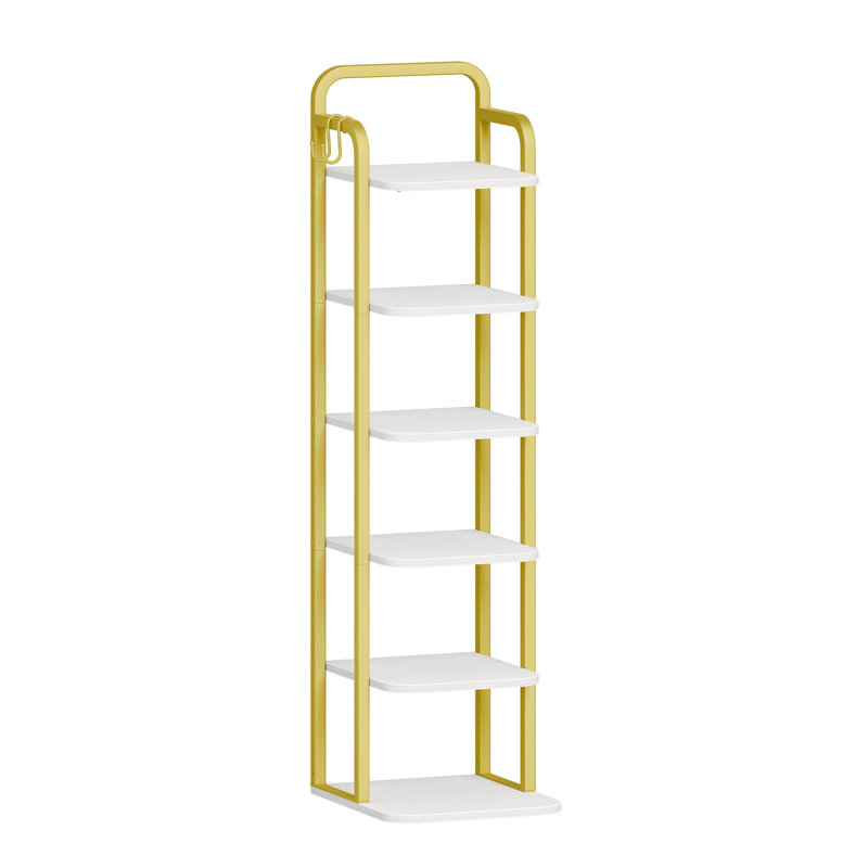 Vertical Shoe Rack, Shoe Shelves, Wood Shoe Organizer for Closet, Entryway, Shoe Tower for Small Spaces, Free Standing, Adjustable, with 2 Hooks, 6 Tier