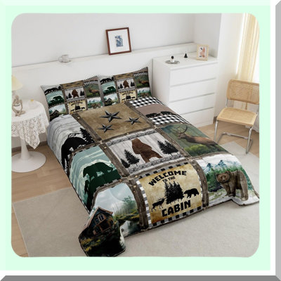 Wilderness Lodge Black Bear Deer Quilt Set - Rustic Buffalo Plaid Comforter for Queen Bed - Western Texas Star Patchwork Duvet Insert - Farmhouse Cabi -  East Urban Home, 289663BE743449149F3DDA8D16C61FE8
