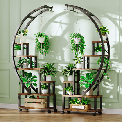 17 Stories Round Plant Stand Indoor with Grow Lights, 5 Tiered Wood Tall Plant  Shelf,Metal Plant Stand for Indoor Plants Multiple, Half-Moon Plant Rack  Display Shelf, 4 Pcs Plant Holder for Living
