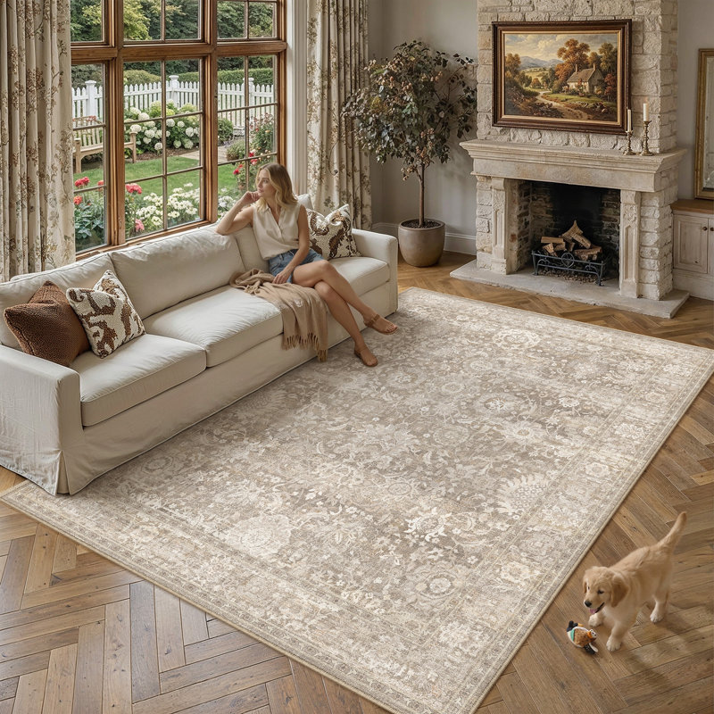 Tapis beige / brun / bleu Aurelia, Beige, Rectangle 8'x 10'