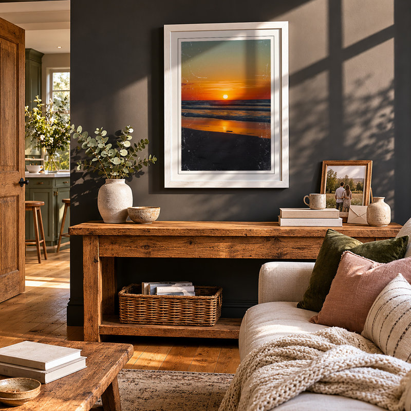Sunset Over Water Coastal - Framed Print, A1 - 84.1 x 59.4 cm, White