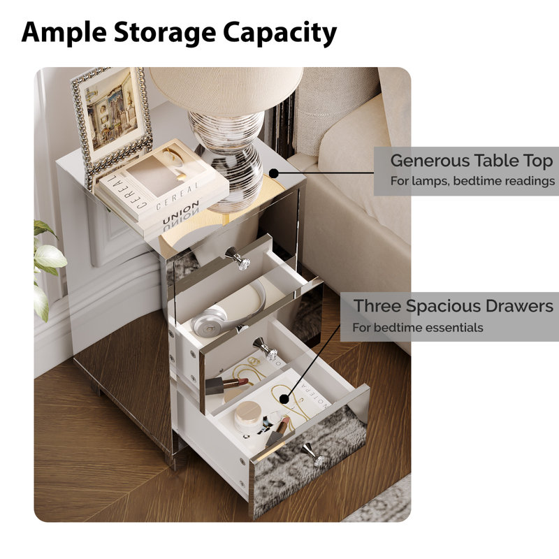Silver Finish 3 Drawer Nightstand 15 Inch