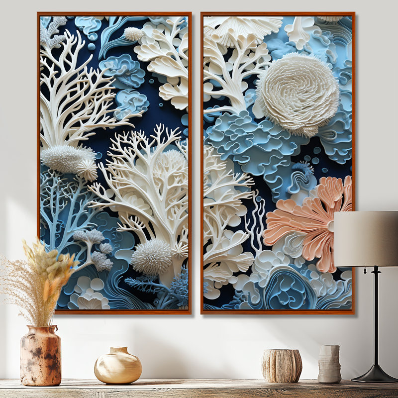 Sous l'eau, coraux bleus et blancs, collage I - art mural bleu, 2 pièces, 40" H x 40" W, Impression encadrée flottante, Brown