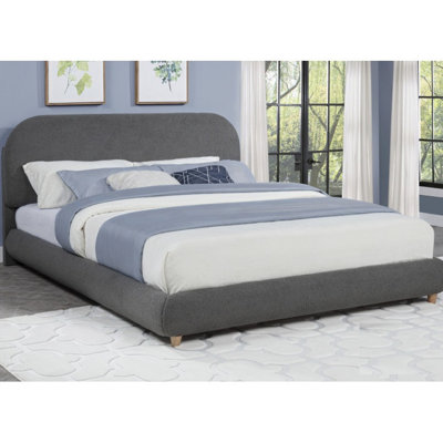 Low-Profile Queen-Size Contemporary Platform Bed In Grey Fleece Upholstery, Wood Frame With Slat Kit, And Side Rails For Bedroom Decor Upholstered Headboard