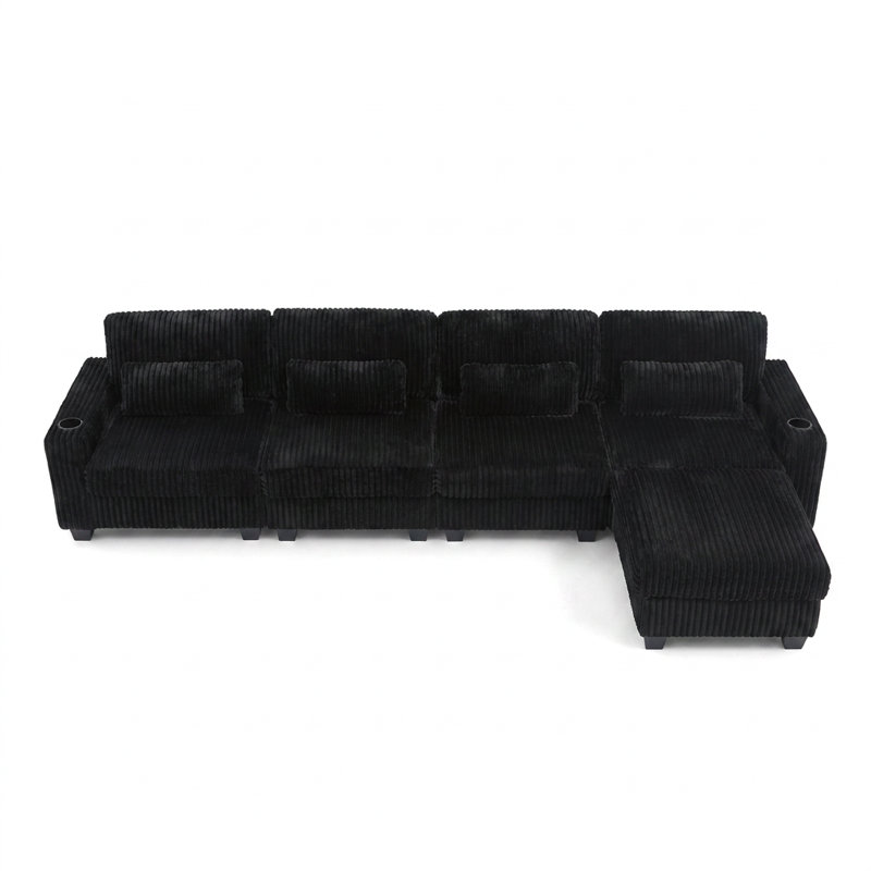 Canapé modulaire en L avec repose-pieds détachable, poches de rangement et porte-gobelets en forme de L, coussins lombaires inclus