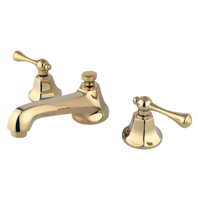 Kingston Brass Metropolitan Two-Handle 3-Hole Deck Mount Widespread Bathroom Faucet with Brass Pop-Up Drain, Polished Brass