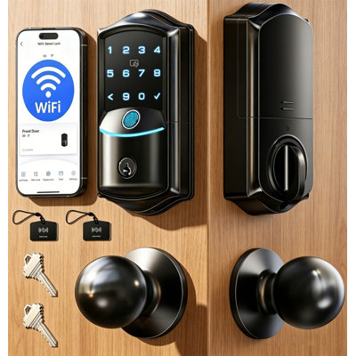 Serrure intelligente Wi-Fi intégrée avec 2 boutons, ensemble de poignées de serrure de porte d'entrée sans clé à empreinte digitale pour la porte d'entrée, télécommande de l'application, pêne dormant à clavier numérique électronique, étanche IP65