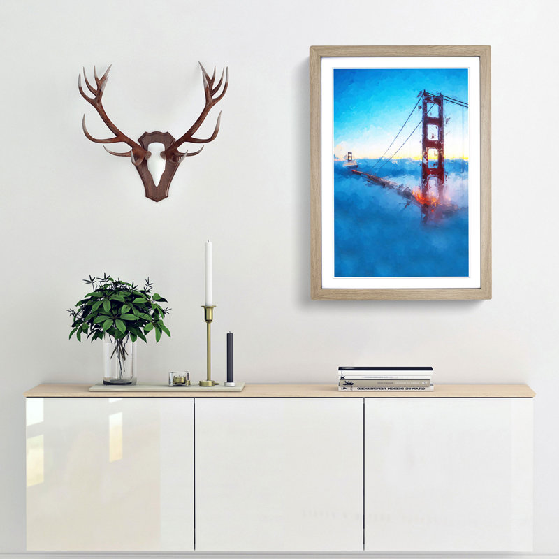 Mist over the Golden Gate Bridge - Picture Frame Graphic Art Print, 65cm H x 48cm W x 2cm D, Oak Framed