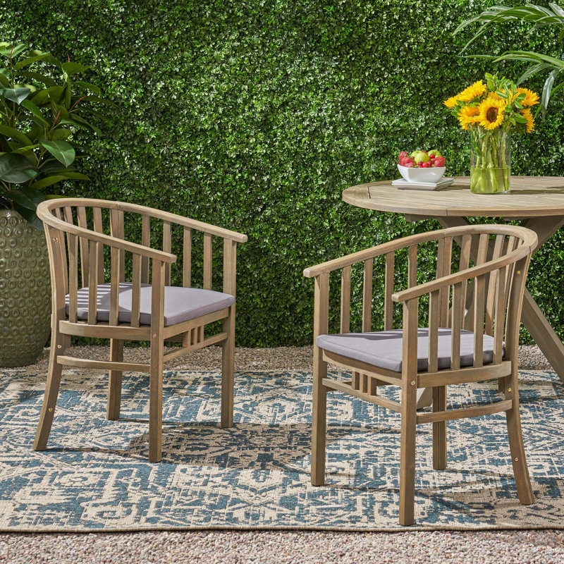 Chaises de salle à manger d'extérieur en bois avec coussins, ensemble de 2, Gris foncé / Gris