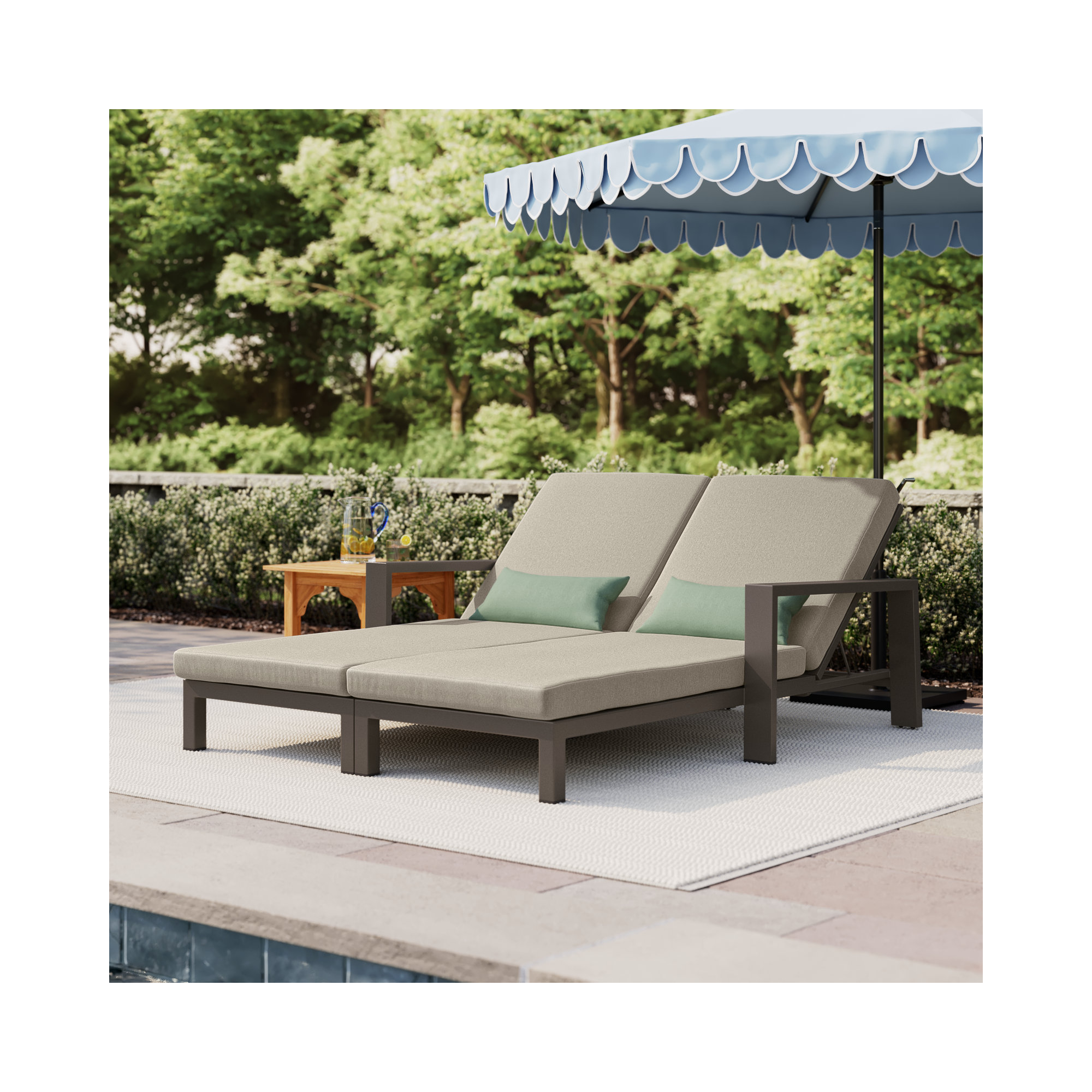 Hoyt Outdoor Metal Double Chaise Lounge, Khaki Cushion/Bronze Frame