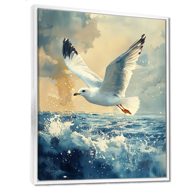 Azim Watcher Seagull Above The Shore I - Art mural oiseau, H 40 po x l 30 po, Impression encadrée flottante, Blanc