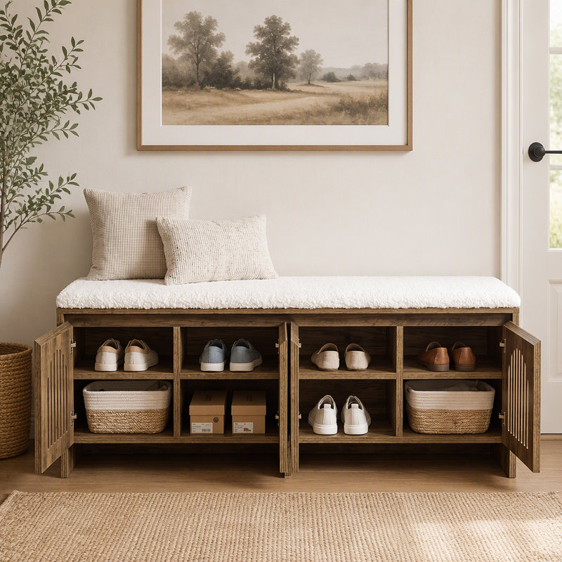 Banc de rangement pour chaussures 55 po, banc d'entrée à 2 niveaux avec tablettes de rangement