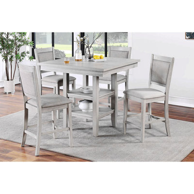 Dining Room Furniture Counter Height 5Pc Set Square Table W Shelves Cushion Chairs Modern Style Rustic Grey