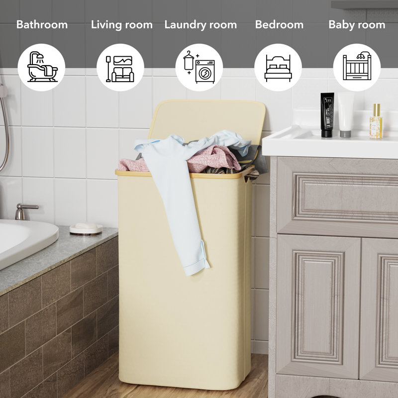 Beige Collapsible Upright Laundry Hamper with Bamboo Handles and Lid