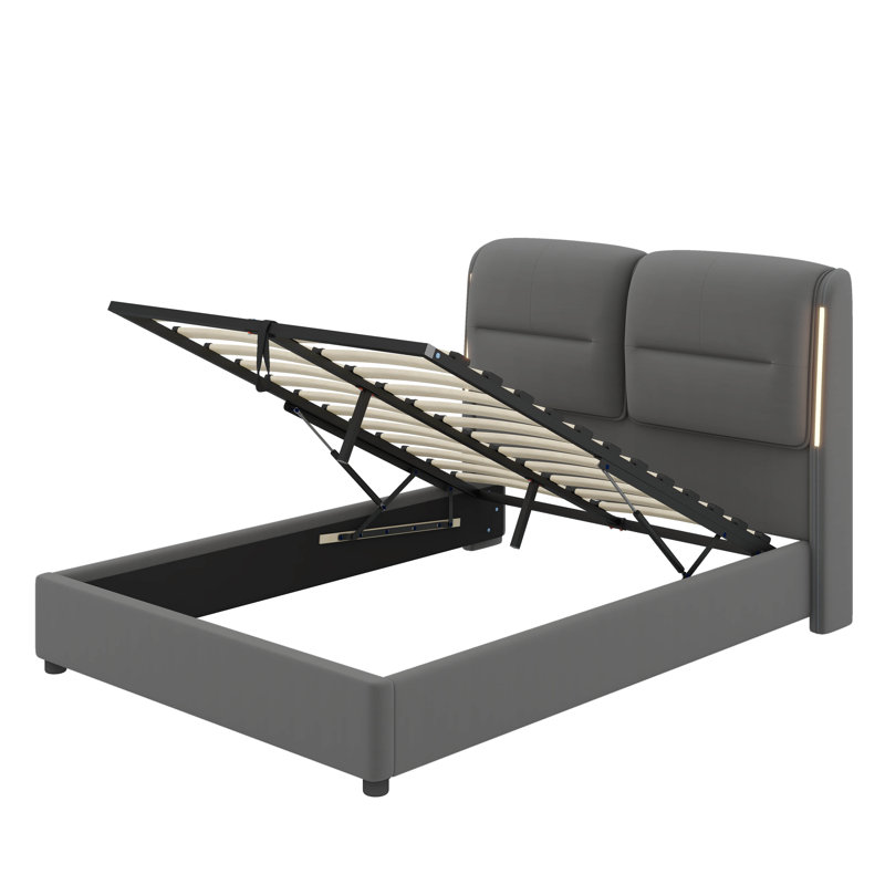 Grand lit plateforme tapissier hydraulique avec rangement et lumières DEL, Gris
