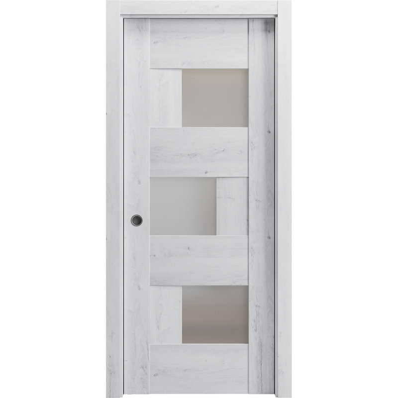 Porte coulissante avec vitrage dépoli Sete 6933 Blanc nordique, ensemble de garnitures, quincaillerie, bois massif, intérieur de chambre, portes robustes - 81 cm x 244 cm