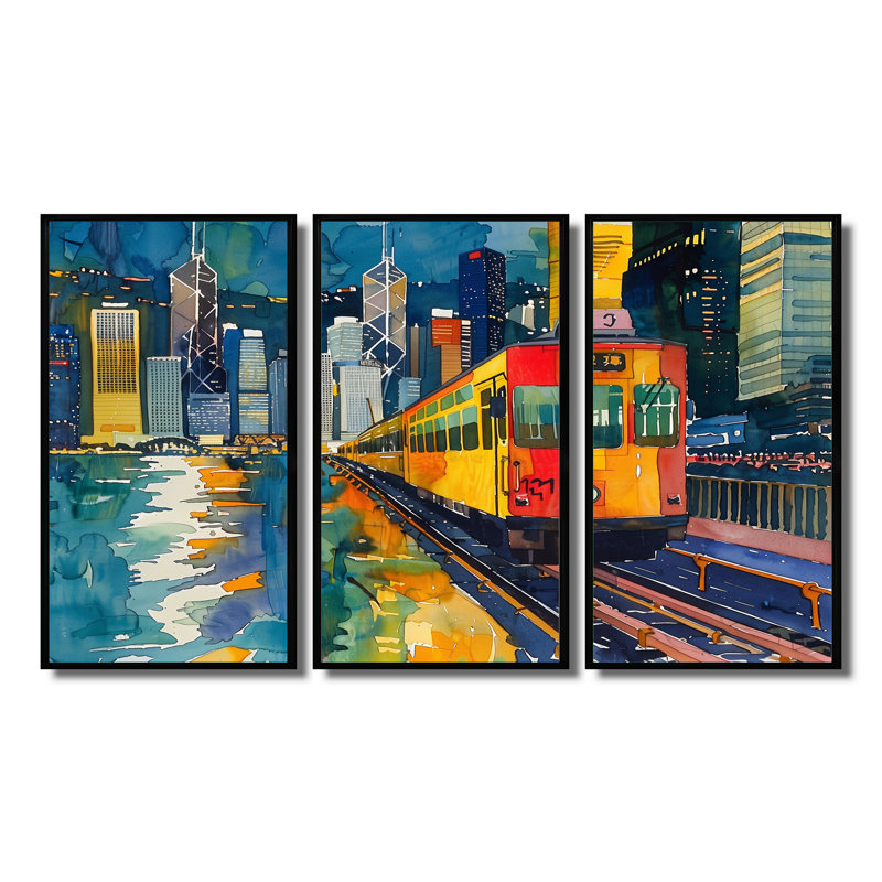 Train à Hongkong Pop Art I - ensemble de salon Wall Art, Toile avec cadre flottant noir, H 32 po x l 16 po x P 1 po