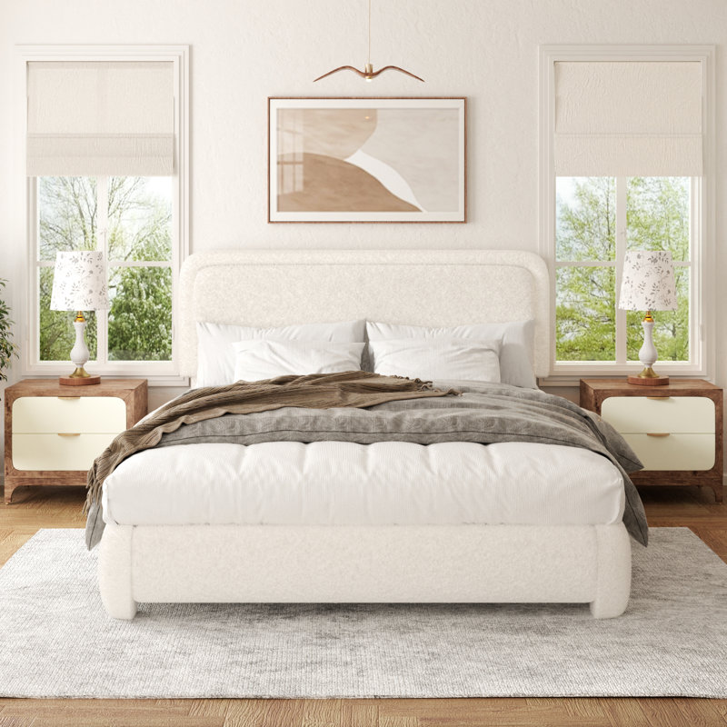 Haden Lambswool Boucle Upholstered Platform Bed Frame with Adjustable Headboard, Queen, Beige
