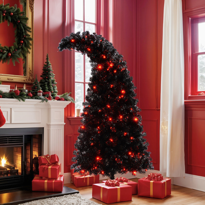 Arbre de Noël artificiel 6 pi avec lumière DEL, arbre de Noël artificiel incurvé pré-éclairé avec 900 pointes, arbre de Noël noir 6 pi