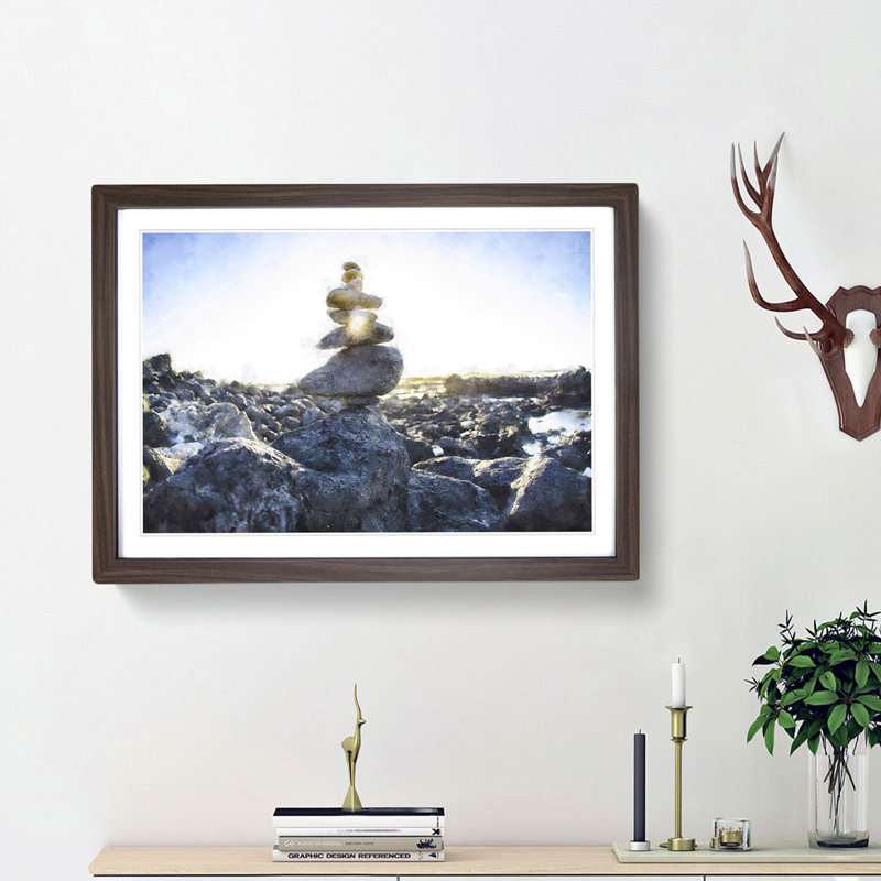 Rock Cairns with Sunlight - Framed Print, 62cm H x 87cm W x 2cm D, Walnut Framed