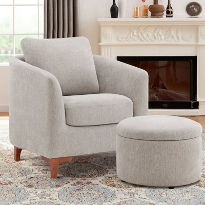 29.5" Wide Upholstered Barrel Accent Armchair With Storage Ottoman and Pillow