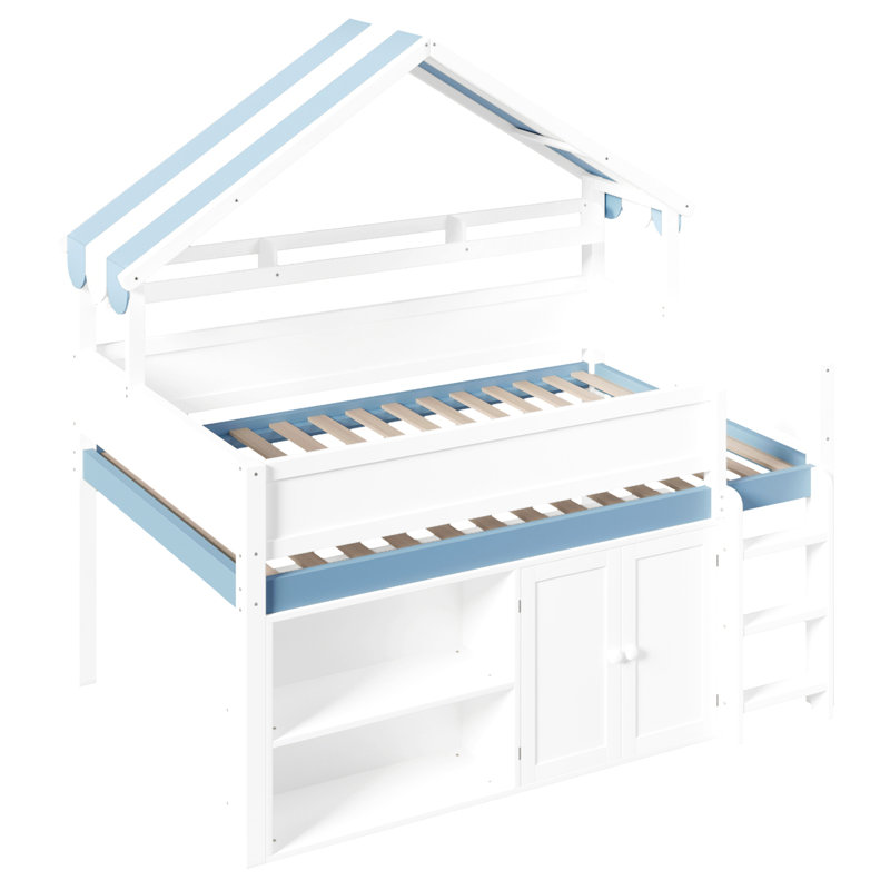 Lit mezzanine double avec toit à baldaquin et armoire de rangement, blanc et bleu, Blanc / Bleu
