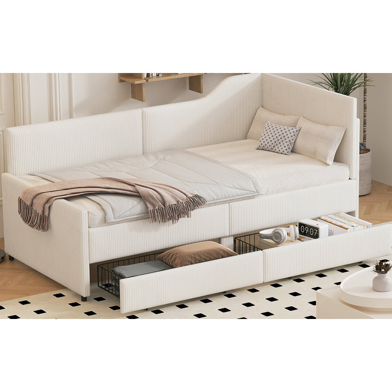 Upholstered L-Shaped Corduroy Daybed With 2 Storage Drawers, Beige