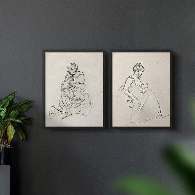 Croquis rétro - impression sur estampe numérique - ensemble de 2, Cadre noir, H 12 po x l 30 po