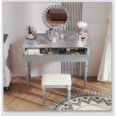Luxury Vanity Desk With Round Mirror, Height-Adjustable, Stylish Dressing Table Set, 4 Drawers & Stool