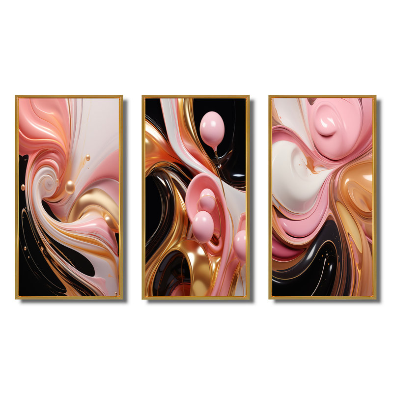 «Whimsical Lquid» rose et or Glam Art - formes abstraites, ensemble de 3 pièces, Cadre flottant doré, H 20 po x l 36 po