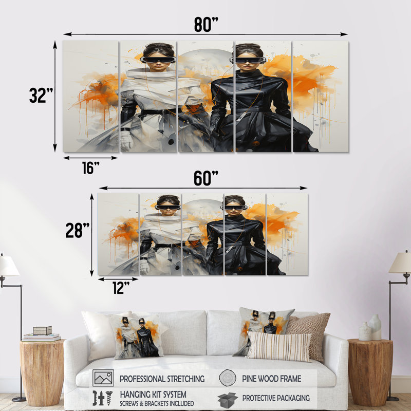 Futuriste mode jaune et noir - art mural 5 pièces Dior, H 32 po x l 80 po