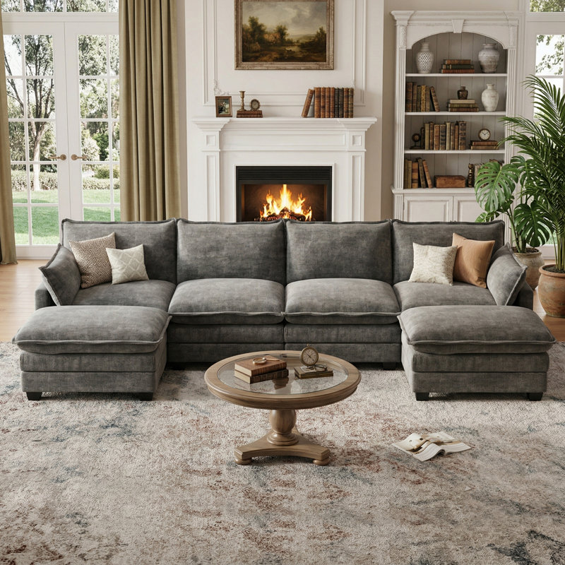 Canapé modulaire en forme de U 116,5 po, canapé modulaire confortable avec repose-pieds mobile pour le salon, Gris, 116.5" W