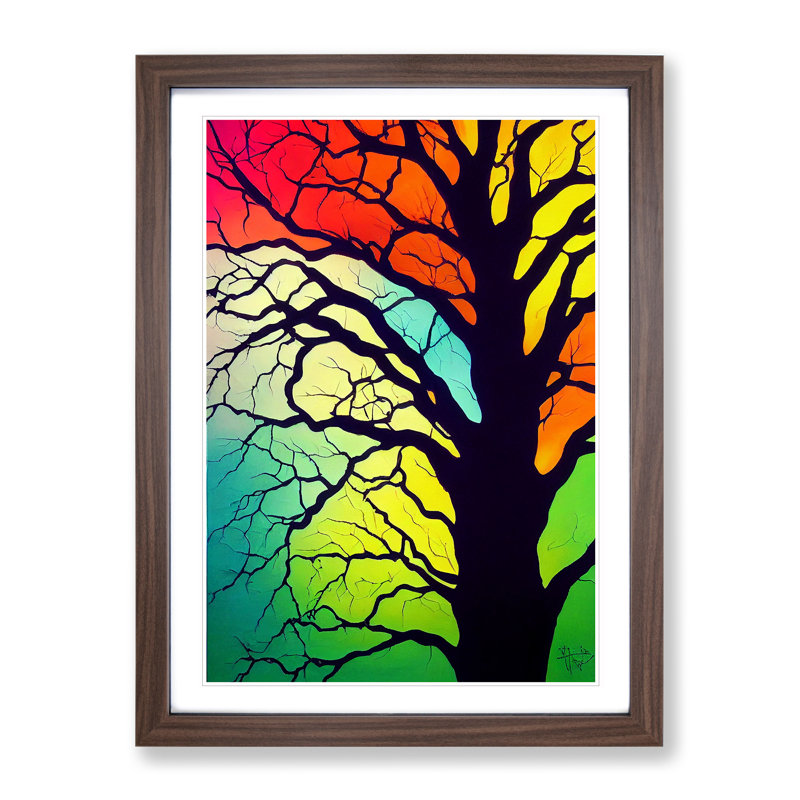 Colourful Abstract Tree No.6 - Wall Art, 66cm H x 48cm W x 2cm D, Walnut Framed, White