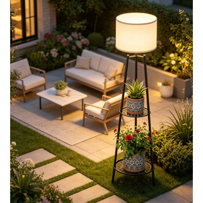 Lampe sur pied d'extérieur solaire avec support à plante à 2 niveaux, lumière de patio haute sans cordon avec abat-jour blanc et ampoule Edison, étagère de présentation en métal imperméable pour porche, terrasse, balcon, 45,5 po