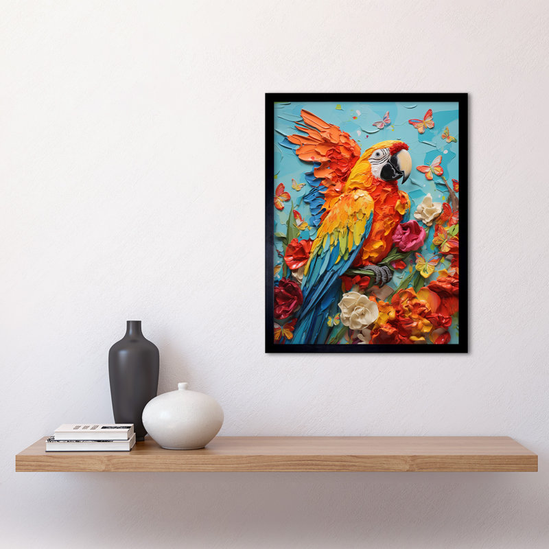 Vibrant Macaw Parrot Heavy Paint Butterflies And Flowers - Single Picture Frame Print