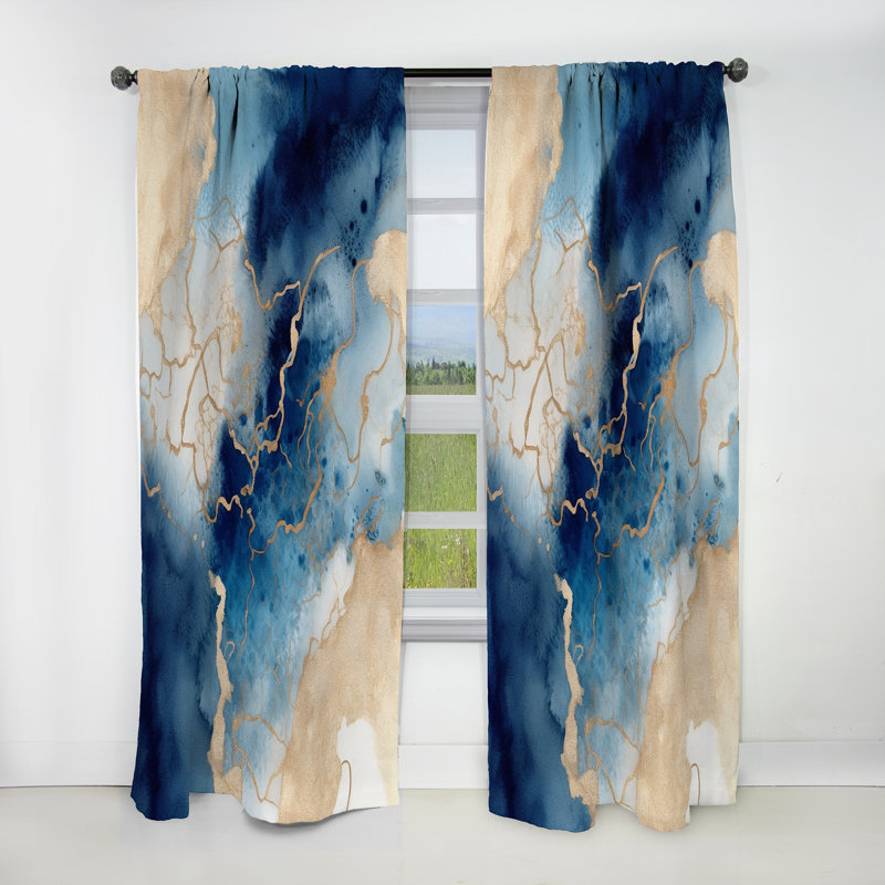 Rideau abstrait occultant en marbre bleu et doré à motif de fractales - 1 panneau, L 52 po x L 120 po