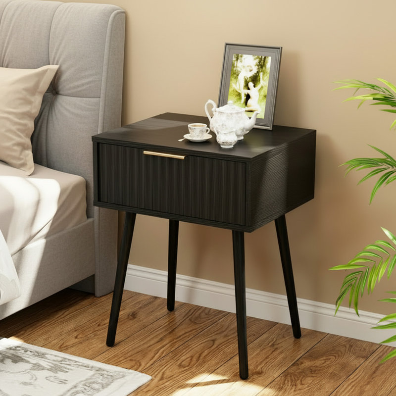 18.9" Black Relief Nightstand, Particleboard & MDF, Melamine & Vacuum Forming, 1 Drawer, High Leg, Black