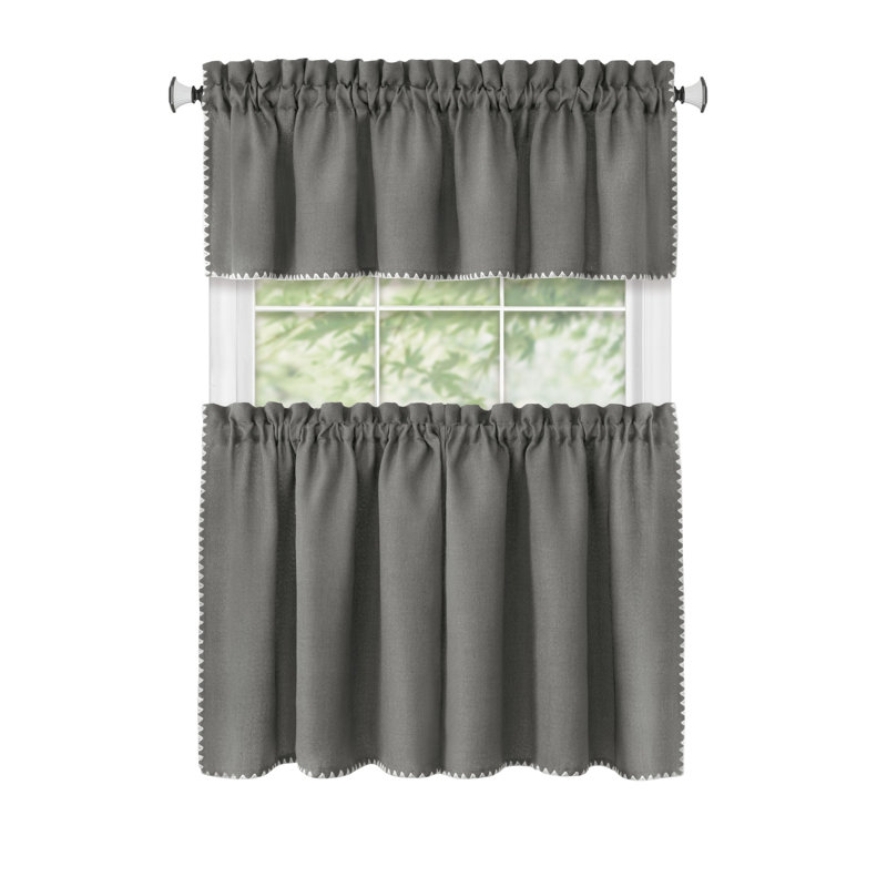 Gray Polyester Light-Filtering Rod Pocket Kitchen Curtain Set