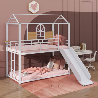 Fun Metal Twin-Over-Twin Bunk Bed With Slide, Perfect For An Exciting Housebed Experience