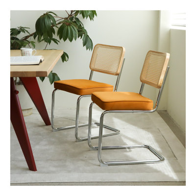 Ensemble de 2 chaises de salle à manger modernes en velours de style Mid-Century avec dossier en rotin et pieds chromés pour chaise de salon (orange)