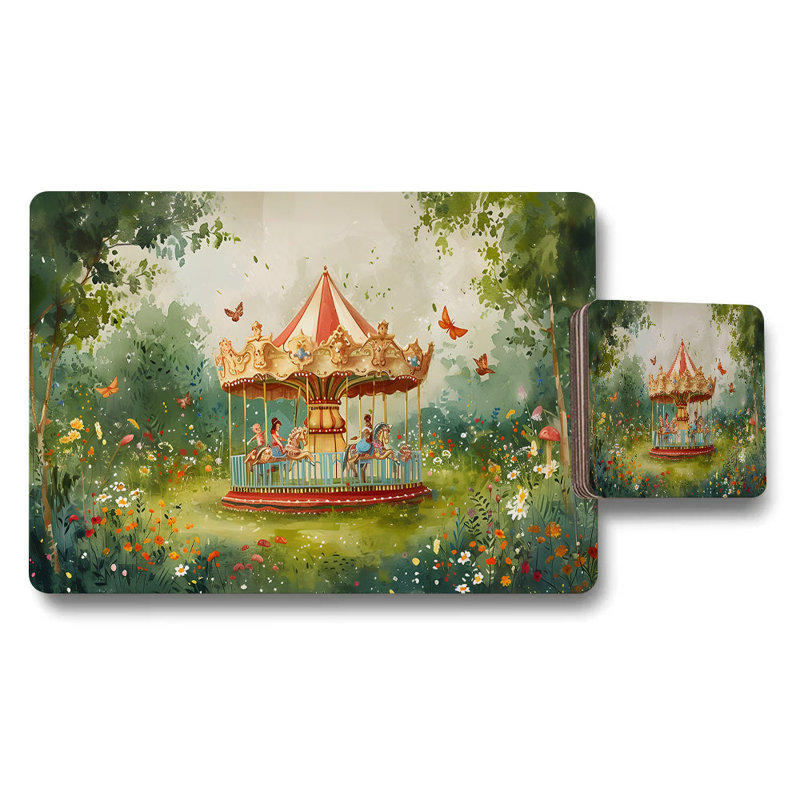 Whimsical Carousel In Garden Scene Placemat And Coaster Set