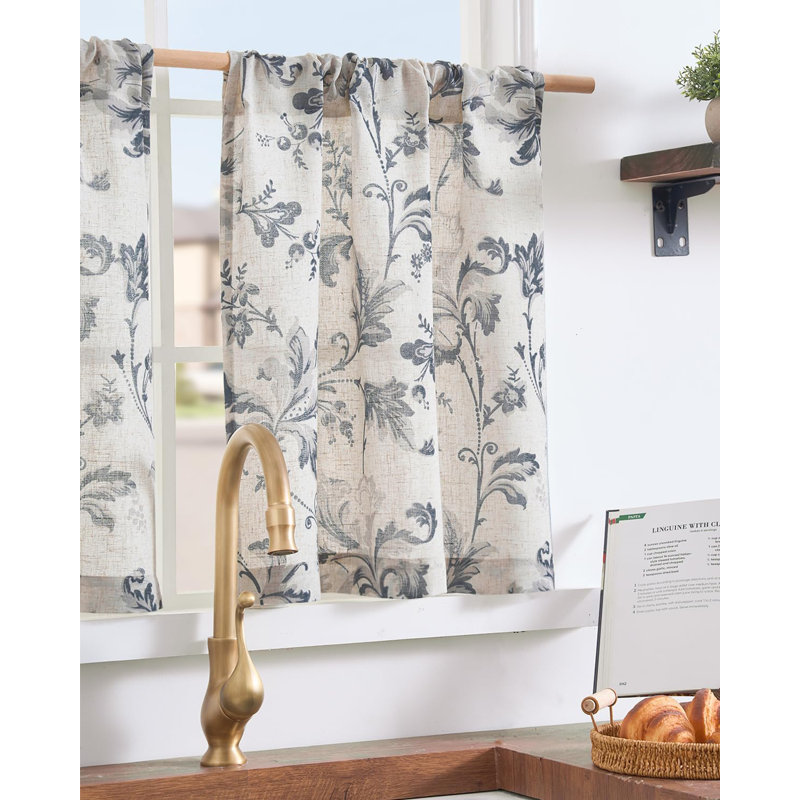 Linen Floral Kitchen Curtains Rod Pocket Tier Curtains, 26" W x 36" L, Black