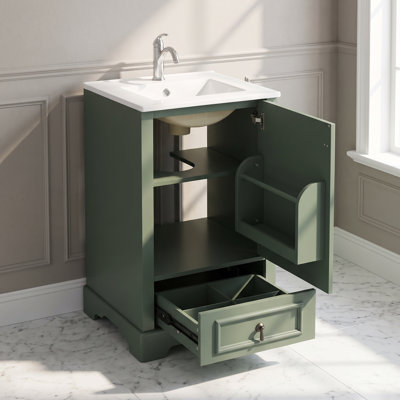 Meuble-lavabo simple Norbury de 51 cm (20 po) en vert sauge avec comptoir en céramique blanche, portes de style Shaker et rangement à fermeture amortie
