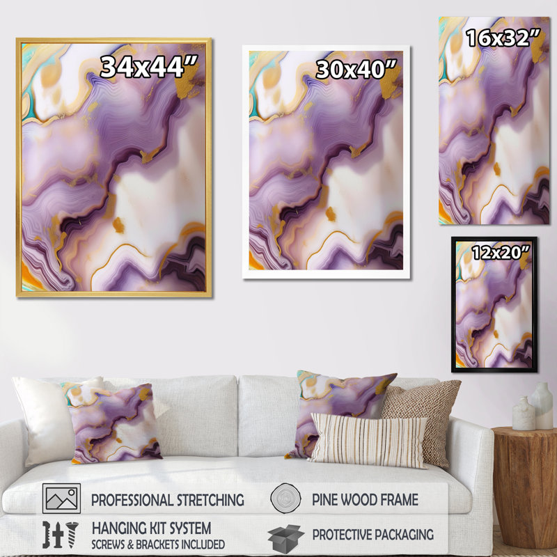 Art liquide, agate mauve et jaune sur toile, H 32 po x l 24 po, Cadre flottant blanc