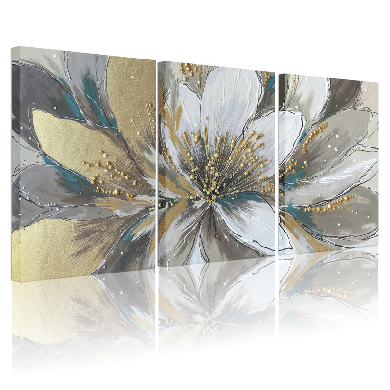 Abstrait floral doré et sarcelle, reproduction d'art sur toile tendue sur toile (ensemble de 3), H 36 po x l 72 po