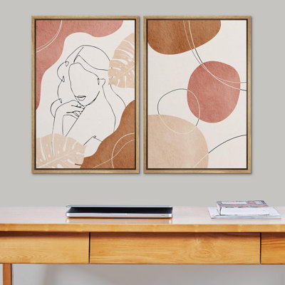 Dessin au trait, femme avec des feuilles de Monstera tropicales, formes abstraites, style bohème moderne, coloré, chic, 2 pièces