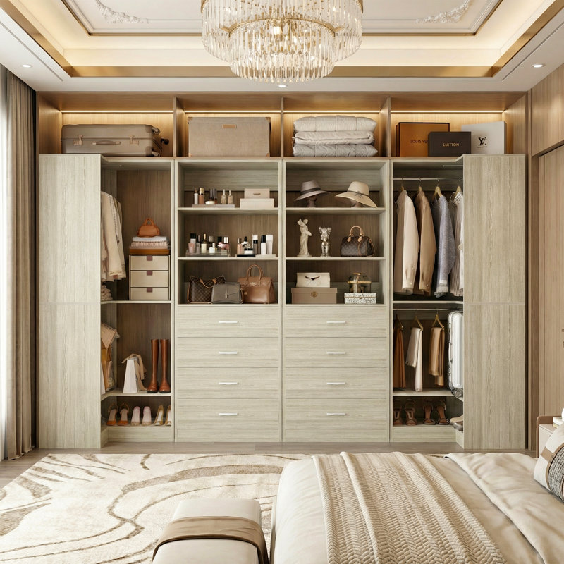 Closet System With Drawers, Shelves,Hanging Rods, Washed Oak