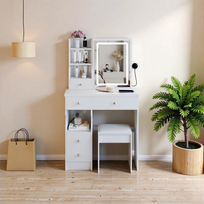 29 Inch Compact Vanity Desk with LED Mirror, Space-Saving Dressing Table and Stool Set, White
