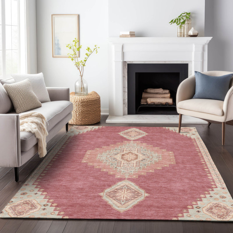 Beige and Pink Synthetic Medallion Washable Rug